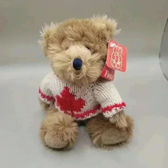 Vintage Rare 1996 Fiesta 8” Jointed Plush Bear Wearing Maple Leaf Sweater w/Tags - Picture 1 of 11